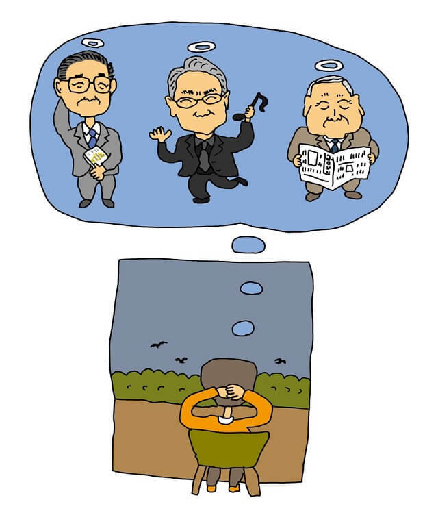 図:老いをみるまなざし_第62回_皆逝ってしまった_ヒラノ教授、なかにし礼氏、岩見隆夫氏が亡くなった様子を表わす図。