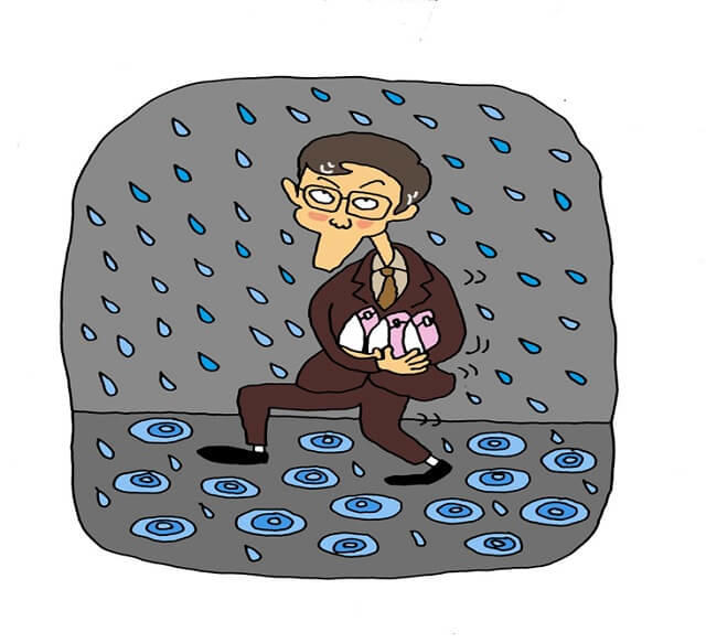 図：老いをみるまなざし_第61回_お坊さんのいない法事_土砂降りの雨の中、饅頭の入った3つの紙袋を持って車に向かう様子を表わす図。
