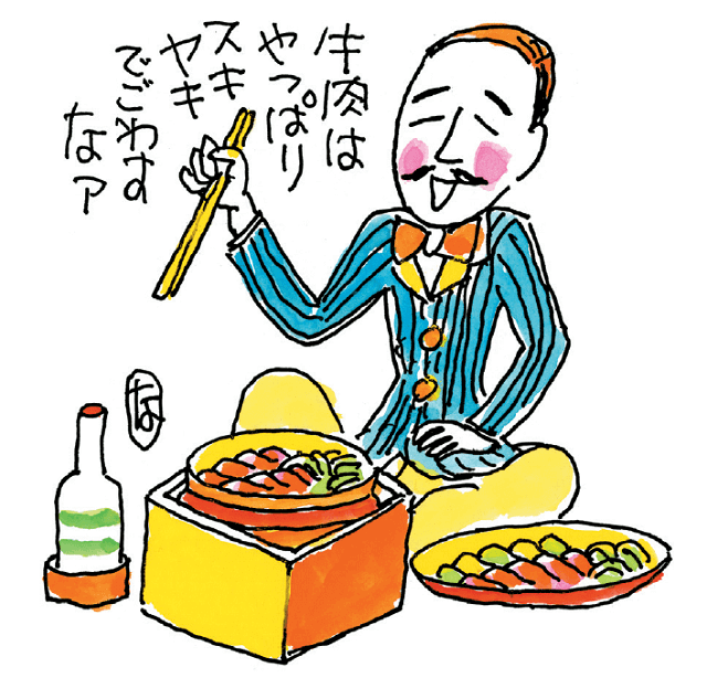 図：スキヤキで食べる牛肉のおいしさを表すイメージ図。