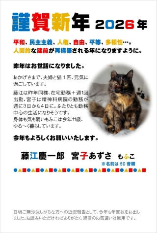 写真：著者が昨年に作成した、近況報告も兼ねた年賀状の写真。愛猫もふこの写真が入っている