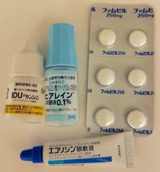 写真:著者の愛猫のもふこのウイルス性角膜炎治療の目薬2種、眼軟膏、錠剤の写真