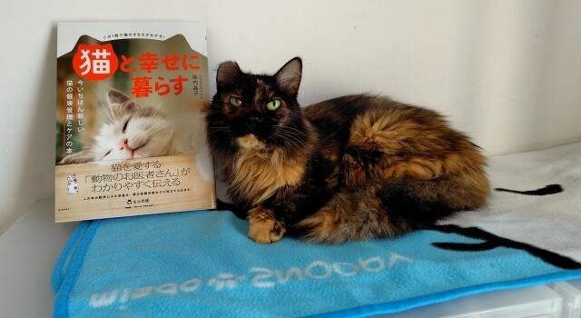 写真：友人の著書「猫と幸せに暮らす」に著者の愛猫もふこが寄り添っている写真
