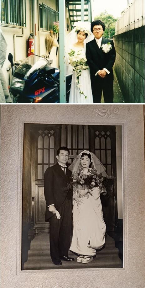 写真:宮子先生の結婚式当日の様子と御両親の結婚した時の様子を表わす写真。