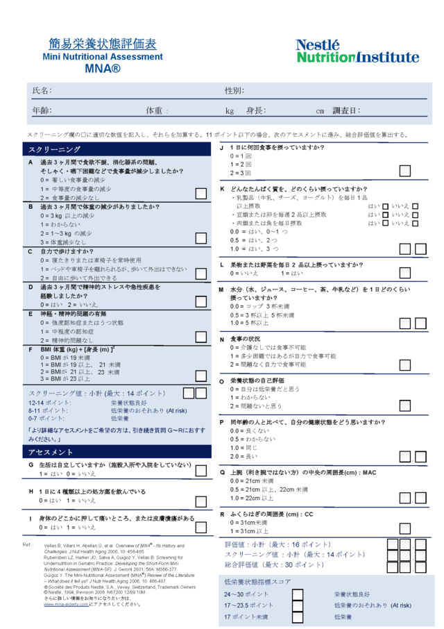 図:簡易栄養状態評価表を示す図。高齢者向けの栄養評価方法。