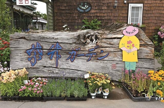 写真：紫竹ガーデン入口の様子を表す写真。大きな白樺の看板がある。
