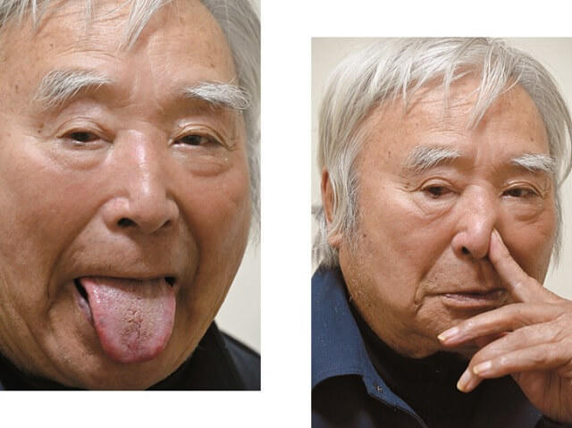 写真:三浦氏のお父様から伝授され毎日行っている「舌出し体操」と「片鼻呼吸」の様子を表わす写真。