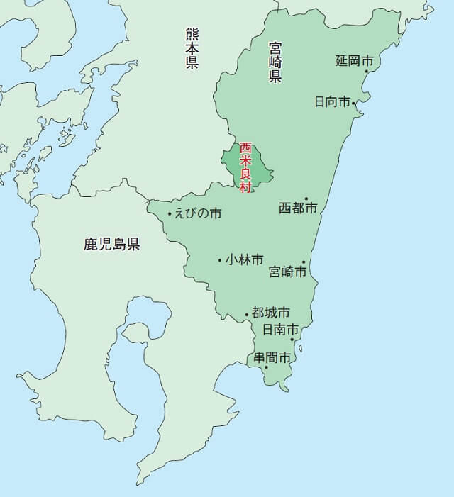 図1：西米良村の位置図。宮崎県中央西端で熊本県に接する場所に位置する様子を表す図。