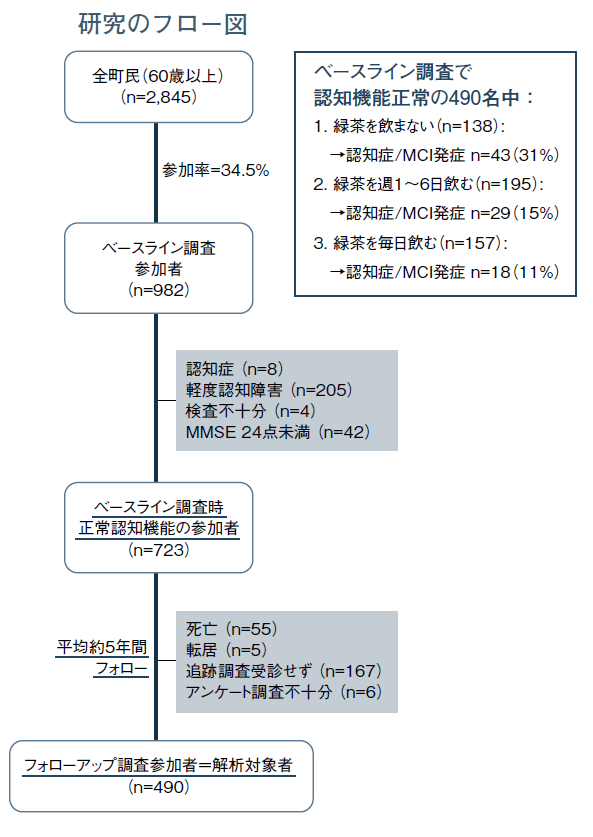 図3:「なかじまプロジェクト」における食生活と認知症・軽度認知障害発症との関連についての研究を示すフロー図。