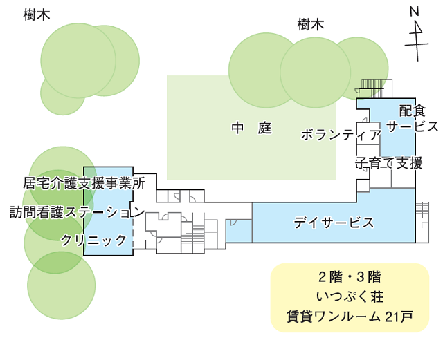 L字型の建物と樹木で囲まれた中庭がある図