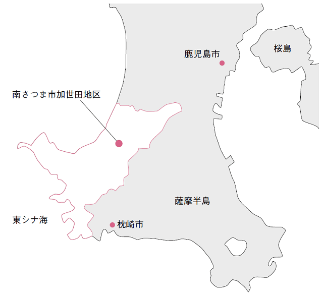 図：野の花会がある鹿児島県南さつま市の位置を表す図。