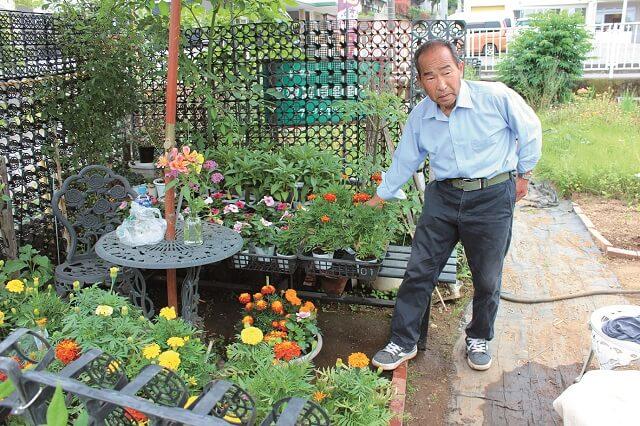写真3：ソーシャルファームフラワーガーデンで花を栽培する様子と担当職員の斉藤弘次さんの写真。