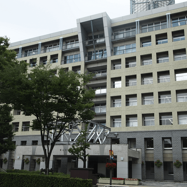 写真：富山市役所の写真。都市部の空洞化と公共交通の衰退の2つの課題への対策として、コンパクトなまちづくりを目指しています。