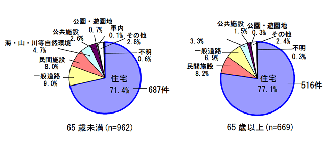 図1：65歳以上の事故のうち、住宅内で起こった事故は516件で65歳以上の事故全体の77.1％を占めており、高齢者の住宅内事故の発生率が多いことを示す円グラフ。