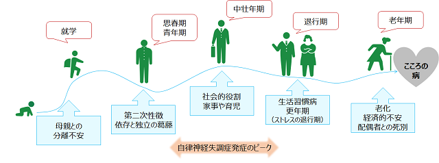 図１：ライフサイクルとストレスをあらわした図。心身症を引き起こしやすい時期がさまざまなライフサイクルに見られることを示す