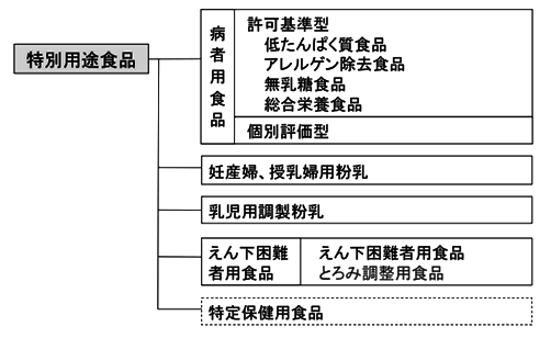 図１：特別用途食品の分類図。特別用途食品の種類は、大きく分けると、病者用食品、妊産婦、授乳婦用粉乳、乳児用調製粉乳、嚥下困難者用食品に分けられる