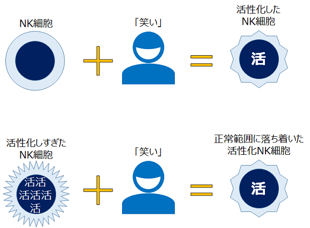 図1：「笑うこと」によりこのNK細胞が活性化し、数値が低かった人でも正常範囲にまでアップし、NK細胞の活性が元々高すぎた人も、笑うことによって正常範囲に近づいたという結果を示す図。