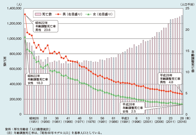 図2：1951年から2016年までの年齢調整死亡率の推移を示すグラフ。男女ともに死亡率が低下していることをあらわす
