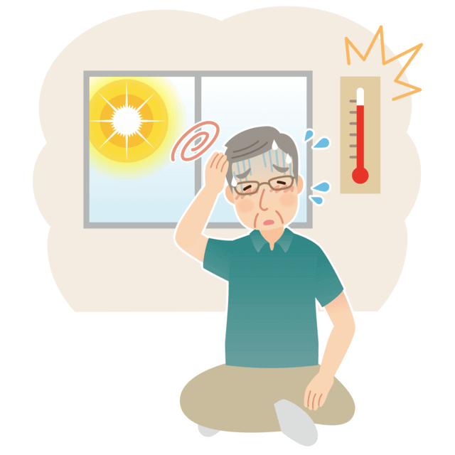 図：高齢者は暑さを感じにくく、冷房を使用せずに過ごしている人も多く、住居内で熱中症になる方も少なくないことを示すイラスト