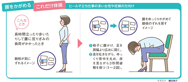 図2：腰をかがめる「これだけ体操」。椅子に腰かけ息を吐きながらゆっくり背中を丸め3秒保つ