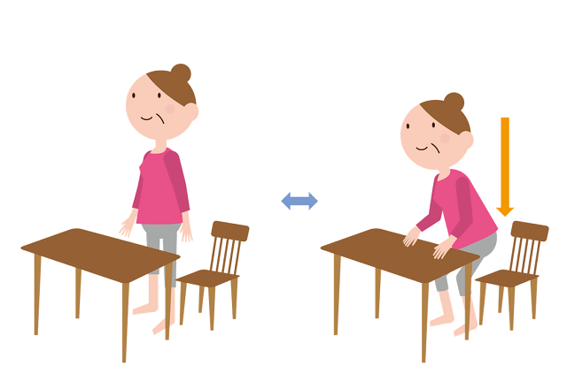 図4：机を使ったスクワットを示すイラスト。立って机の天板に両手を置き、腰を落として再び立ち上がります。