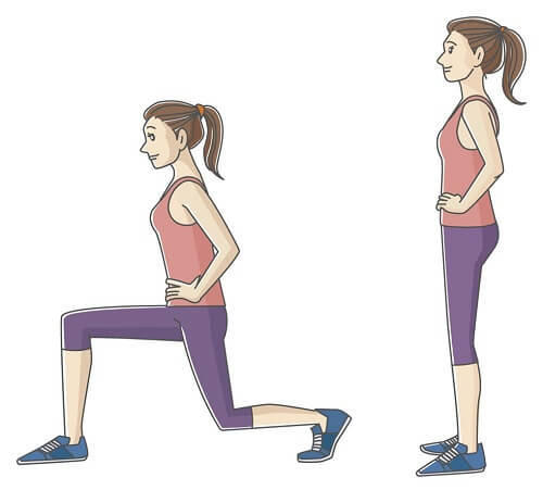 図4：ランジの様子を表す図。立った状態から片足を前に踏み込みます。前に出した足に体重をかけていき、元に戻ります。