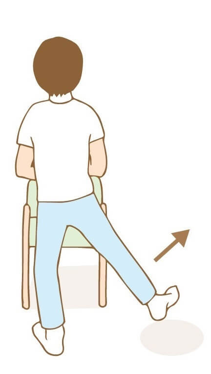 図5：横に足上げの様子を表す図。立った状態で膝を伸ばしたまま片足を横に上げて5秒静止し、下ろします。