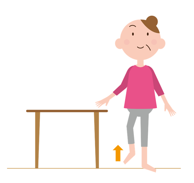 図6：片足上げを示すイラスト。　片足上げは、立って椅子の背や机を手で軽く持ち、足を上方にあげます。左足も同じようにあげます