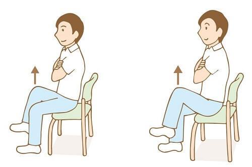 図9：もも上げの様子を表す図。背もたれから背中を離して椅子に座り、お腹に力を入れて片方のももを上に上げます。座面から太ももの裏が離れるように上げてから下ろします。