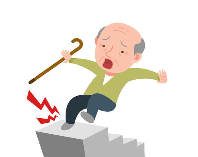 図：高齢男性が階段で躓いているイラスト。住宅内事故の例として階段を踏み外して転落、階段でバランスを崩して転倒することを表している