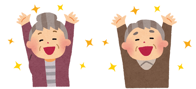 図：高齢夫婦が手を上げて笑っているイラスト。ラフターヨガを実践していることを表現している。