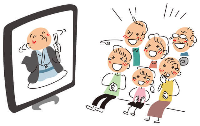 図：テレビで放映されている落語を見て大笑いしている家族のイラスト。笑いが生活習慣病予防につながることを示唆することあらわす。