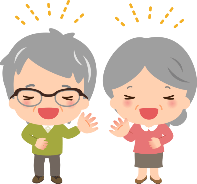 図：高齢者夫婦が笑っているイラスト。笑いが健康長寿に影響することを表す。