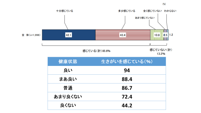 グラフ6:生きがいを感じている人の割合と健康状態を示す図。日々の生活において生きがいを感じている人が85%おり、健康状態が良い人ほど生きがいを感じている割合が高くなることをあらわす