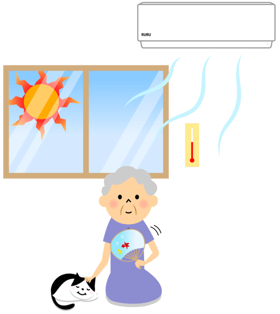 脱水予防に空調を有効に使い高温多湿を防ぐ高齢女性のイラスト。加齢により脱水しやすくなる為、水分をこまめにとること、脱水を起こしやすい環境の改善、外出時などの体温調節の工夫、健康な体の保持を行うなどの脱水予防を推奨する。