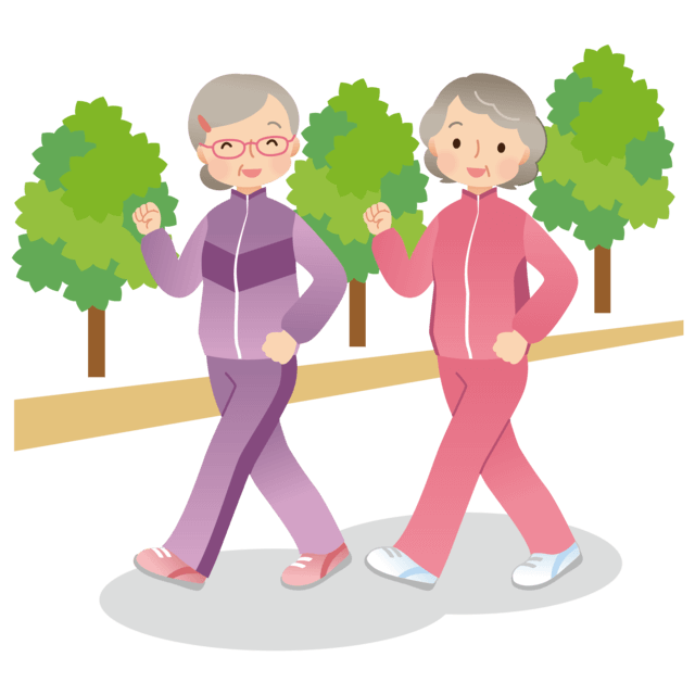 体力・持久力の向上や骨密度の改善を促す有酸素運動のウォーキングを行っている高齢女性のイラスト。更年期へと入る前から、栄養バランスの整った食事と運動習慣で生活習慣を整え、更年期で起こる変化に備えておくことの大切さを表す。
