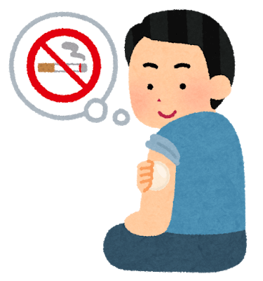 禁煙方法のひとつである禁煙補助剤のニコチンパッチを貼っている男性のイラスト。ニコチンパッチなどの禁煙補助剤を用いて禁煙しやすい環境を整えることを示す。