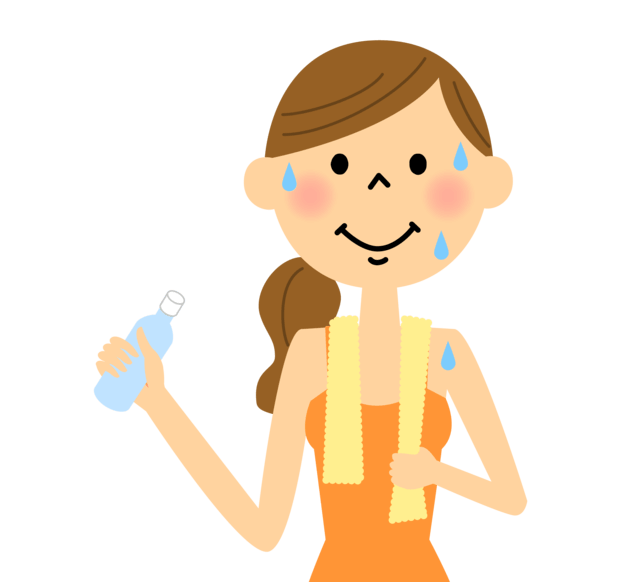 運動後に汗をかく女性のイラスト。運動の汗は良い汗で、運動習慣のある人は熱中症になりにくい身体づくりが期待できる。大量にかく汗からは多量の塩分が失われ脱水の危険が高くなるため、少しずつ汗をかくことがよいといえる。