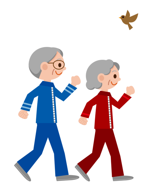 厚生労働省の健康づくりのための身体活動基準及びアクティブガイドにおける健康づくりの運動例のウォーキングをする高齢者夫婦のイラスト