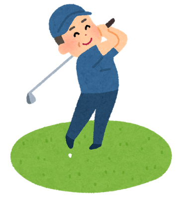 ゴルフをする男性のイラスト。ゴルフは国民的な生涯スポーツとして多くの人に親しまれています。ゴルフといっても、打ちっ放しと呼ばれる室内ゴルフ、パターゴルフ、グラウンドゴルフなど、様々な種類があり、趣味として気軽にできるスポーツとして普及しています。