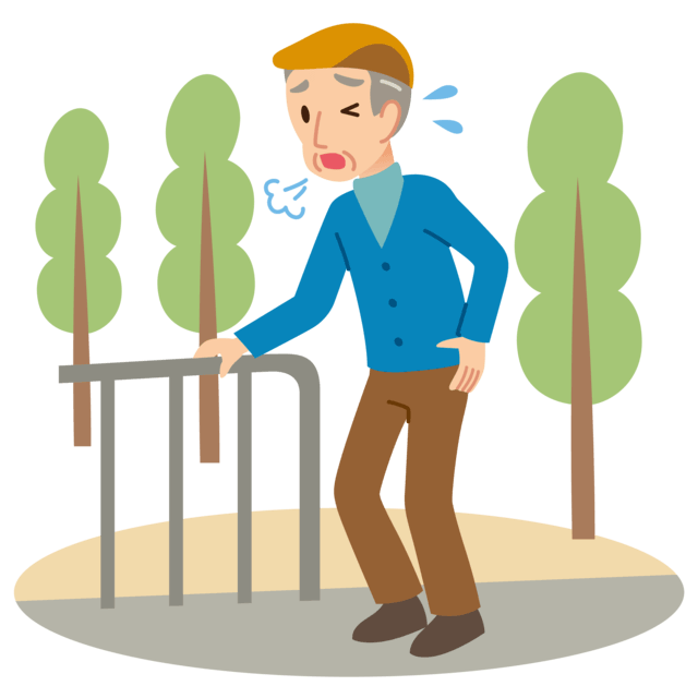 高齢男性が歩行中に疲れて腰に手を当て柵にもたれているイラスト。高齢者の歩行の特徴として、運動機能の低下により、歩行速度・歩幅・歩行率などの低下が見られることを示す。