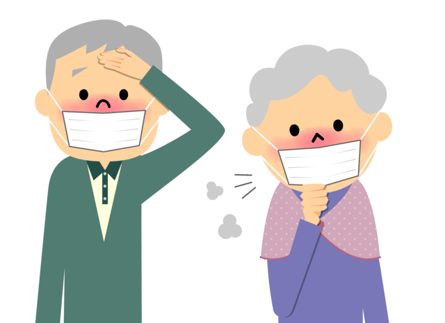 高齢者夫婦が体調を崩している様子を表すイラスト。加齢により免疫力が低下し、免疫機能が老化すると、感染症にかかりやすくなり、重症化もしやすくなります。