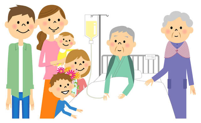 病院で家族に囲まれる高齢者のイラスト。終末期・臨死期に充実した最期を迎えられるよう家族に見守られていることを示す。
