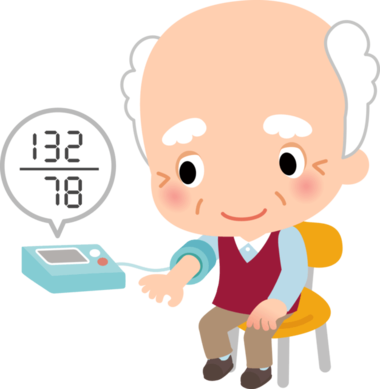 高齢者が血圧測定をしているイラスト。人間の老化の進み方は個人差があります。老化についての指標は、栄養、体力、認知・こころ、社会の4つの側面から評価されますが、血圧・脈拍はその老化指標に影響する重要な要因のひとつです。