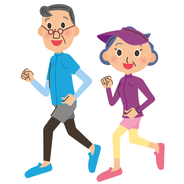 がん予防のための運動にジョギングを取り入れている老夫婦のイラスト。運動はがんの発生リスクが低くなる。また定期的な運動は適正体重の維持につながり、肥満ややせによるがんのリスクを減少することも期待できる。
