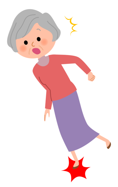 運動機能の老化により高齢女性がつまづく様子を表すイラスト。高齢者の運動機能の老化の原因は加齢に伴う筋力低下、社会活動性や体力の低下、骨密度や骨量の低下などが要因。