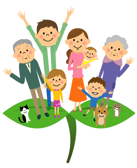 三世代家族が助け合いながら暮らす様子を表すイラスト。高齢社会における世代間問題には、高齢者のみならず、世代間のより良い交流を確立することが必要です。