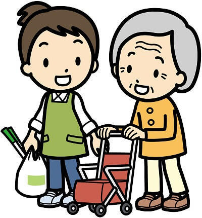 写真１：高齢女性の買い物支援をする女性ヘルパーのイラスト