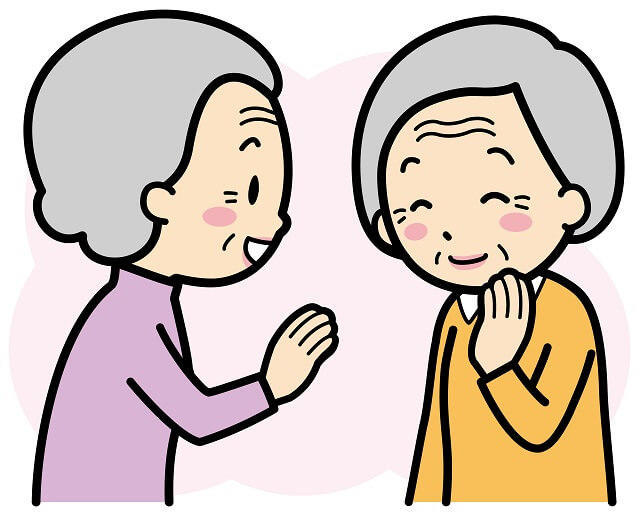 img2：化粧した高齢女性2人がおしゃべりする絵