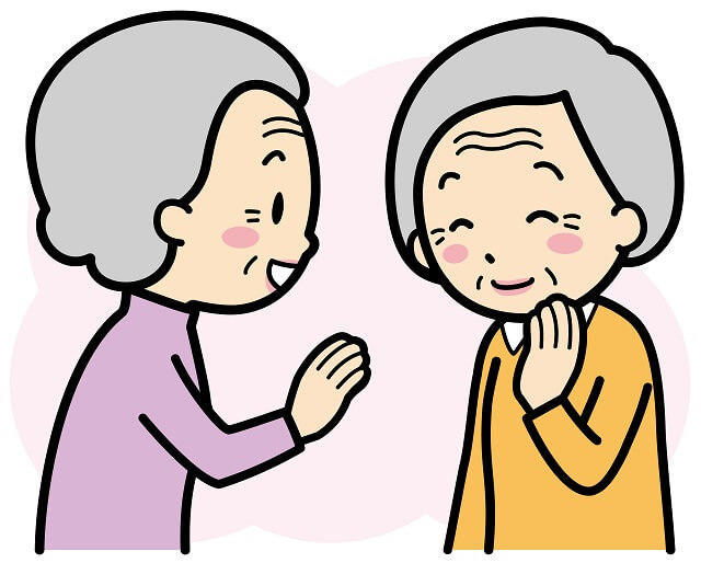 img2:化粧した高齢女性2人がおしゃべりする絵