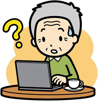 写真：パソコンで健康情報が正しいかどうか迷っている高齢男性のイラスト